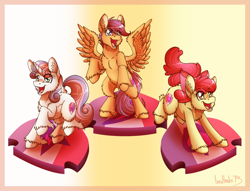 Size: 1700x1300 | Tagged: safe, artist:inuhoshi-to-darkpen, imported from derpibooru, apple bloom, scootaloo, sweetie belle, earth pony, pegasus, pony, unicorn, crusaders of the lost mark, season 5, backwards cutie mark, cutie mark, cutie mark crusaders, female, filly, fluffy, foal, horn, my little pony, rearing, spread wings, the cmc's cutie marks, unshorn fetlocks, wings