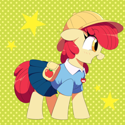 Size: 1500x1500 | Tagged: safe, artist:spoonie, apple bloom, earth pony, pony, bag, clothes, featured image, female, filly, hat, simple background, skirt, smiling, solo