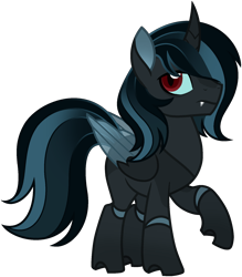 Size: 1586x1814 | Tagged: safe, artist:strawberry-spritz, imported from derpibooru, oc, oc only, oc:grimoire, changepony, hybrid, base used, black body, blue mane, blue sclera, blue tail, blue wingtips, coat markings, colored pinnae, colored sclera, colored wings, colored wingtips, commission, countershading, curved horn, facial markings, fangs, folded wings, frown, gradient mane, gradient pinnae, gradient tail, horn, hybrid wings, interspecies offspring, leg markings, looking back, male, male oc, offspring, parent:king sombra, parent:queen chrysalis, parents:chrysombra, profile, raised leg, red eyes, simple background, solo, stallion oc, standing, standing on three hooves, tail, transparent background, transparent wings, wings