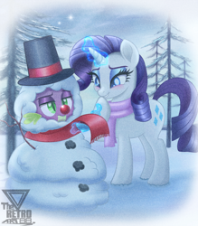 Size: 2000x2286 | Tagged: safe, artist:theretroart88, imported from derpibooru, rarity, spike, dragon, pony, unicorn, 2d, amused, christmas, clothes, cutie mark, eyeshadow, female, holiday, horn, makeup, male, outdoors, scarf, snow, snowman, tree, unamused, winter