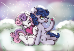 Size: 2360x1640 | Tagged: safe, artist:kristina, imported from derpibooru, sweetie belle, oc, earth pony, pony, unicorn, canon x oc, commission, couple, cute, duo, female, heart, horn, love, male, snow, straight, ych result