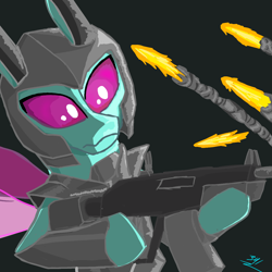 Size: 1234x1234 | Tagged: safe, artist:tex3411, imported from derpibooru, spiracle, changedling, changeling, armor, black background, bullet, shooting, simple background, weapon