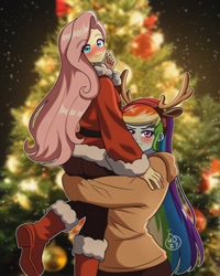 Size: 1024x1280 | Tagged: safe, artist:masterdestroyzj, imported from derpibooru, fluttershy, rainbow dash, human, equestria girls, ass, belt, blushing, boots, butt, christmas, christmas tree, clothes, coat, costume, duo, duo female, fake antlers, female, flutterdash, grin, hairband, holiday, hoodie, hug, lesbian, lifting, pants, santa costume, shipping, shoes, smiling, tree