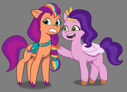 Size: 1245x899 | Tagged: safe, imported from derpibooru, pipp petals, sunny starscout, duo, female, g5, gray background, my little pony: tell your tale, simple background, toon boom, uncomfortable