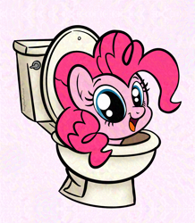 Size: 2242x2568 | Tagged: safe, artist:amynewblue, imported from derpibooru, pinkie pie, earth pony, pony, pink background, silly, simple background, skibidi toilet, solo, toilet