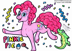 Size: 3224x2300 | Tagged: safe, artist:artistnjc, imported from derpibooru, gummy, pinkie pie, alligator, earth pony, pony, biting, candy, confetti, cupcake, food, lollipop, looking at you, signature, simple background, smiling, smiling at you, solo, standing, standing on one leg, streamers, text, traditional art, wide smile