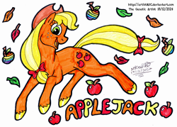 Size: 3238x2318 | Tagged: safe, artist:artistnjc, imported from derpibooru, applejack, earth pony, pony, apple, applejack's hat, autumn leaves, bow, colored hooves, cowboy hat, food, hair bow, hat, hooves, leaf, leaves, signature, simple background, smiling, solo, tail, tail bow, text, traditional art, zap apple