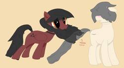 Size: 1911x1058 | Tagged: safe, artist:kraft, imported from twibooru, oc, oc only, oc:fluffy fluster, oc:octane red, /bale/, beige background, black mane, black tail, blushing, gray mane, gray tail, image, jewelry, long mane, long tail, necklace, png, text