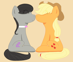 Size: 1750x1506 | Tagged: safe, artist:kraft, imported from twibooru, applejack, octavia melody, applejack's hat, beige background, boop, bowtie, cowboy hat, eye clipping through hair, eyes closed, hat, image, noseboop, png