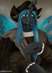 Size: 2480x3508 | Tagged: safe, artist:uniomie, imported from derpibooru, queen chrysalis, changeling, changeling queen, semi-anthro, unicorn, bust, clothes, columbus, eyelashes, eyeshadow, female, history, horn, insect wings, looking at you, makeup, meme, portrait, smiling, smiling at you, solo, wings