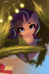 Size: 2000x3000 | Tagged: safe, artist:skitsroom, imported from derpibooru, starlight glimmer, pony, unicorn, christmas, christmas lights, christmas tree, female, high res, holiday, horn, looking at you, mare, present, solo, string lights, tree