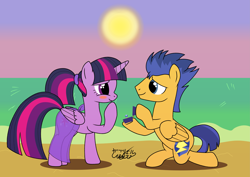 Size: 7015x4960 | Tagged: safe, artist:gabriel18017, imported from derpibooru, flash sentry, twilight sparkle, alicorn, pegasus, pony, beach, clothes, female, flashlight, male, marriage proposal, sarong, see-through, shipping, straight, twilight sparkle (alicorn)