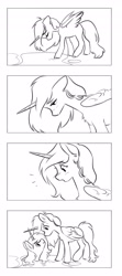 Size: 1812x4096 | Tagged: safe, artist:opalacorn, imported from derpibooru, oc, oc only, alicorn, pony, 4 panel comic, 4koma, black and white, comic, duo, grayscale, monochrome, no dialogue, self paradox, self ponidox, simple background, swimming pool, white background