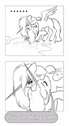 Size: 2237x4096 | Tagged: safe, artist:opalacorn, imported from derpibooru, oc, oc only, alicorn, pony, ..., 2 panel comic, black and white, comic, duo, duo female, eyes closed, female, grayscale, hug, mare, monochrome, self paradox, self ponidox, simple background, speech bubble, swimming pool, white background