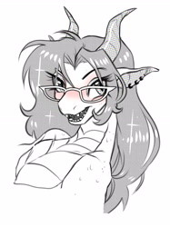 Size: 2084x2786 | Tagged: safe, artist:opalacorn, imported from derpibooru, oc, oc only, oc:trinket heart, dragon, blushing, bust, dragoness, dragonified, female, glasses, grayscale, horns, monochrome, open mouth, open smile, partial color, sharp teeth, simple background, smiling, solo, species swap, teeth, white background