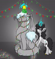 Size: 3836x4096 | Tagged: safe, artist:opalacorn, imported from derpibooru, oc, oc only, oc:chain lightning, oc:fume hood, dracony, dragon, hybrid, pony, unicorn, chest fluff, christmas, christmas lights, christmas star, duo, duo male and female, ear fluff, eyes closed, female, glowing, glowing horn, holiday, horn, levitation, magic, male, mare, open mouth, open smile, partial color, sitting, smiling, stallion, telekinesis, unamused