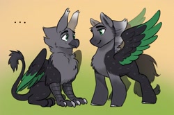 Size: 2709x1800 | Tagged: safe, artist:opalacorn, imported from derpibooru, oc, oc only, oc:gamma, griffon, pegasus, pony, ..., chest fluff, colored wings, colored wingtips, duo, duo male, gradient background, griffon oc, looking at each other, looking at someone, male, spread wings, stallion, wings