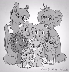 Size: 3333x3454 | Tagged: safe, artist:opalacorn, imported from derpibooru, oc, oc only, bat pony, pony, unicorn, baby, baby pony, bat pony oc, bat wings, black and white, colt, eye clipping through hair, eyebrows, eyebrows visible through hair, family, family photo, female, filly, floppy ears, foal, freckles, gradient background, grayscale, horn, looking at you, male, mare, monochrome, one eye closed, open mouth, open smile, signature, smiling, smiling at you, stallion, wings, wink, winking at you