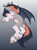 Size: 497x671 | Tagged: safe, artist:cheekipone, oc, oc only, oc:split second, bat pony, pony, bat pony oc, bat wings, crossed hooves, ear piercing, ear tufts, eye clipping through hair, eyebrow piercing, female, floppy ears, freckles, gradient background, mare, one eye closed, piercing, raised eyebrow, smiling, socks (coat markings), solo, spread wings, two toned mane, two toned tail, unshorn fetlocks, wings