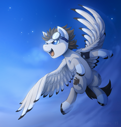 Size: 1080x1136 | Tagged: safe, artist:hioshiru, imported from derpibooru, oc, oc only, pegasus, pony, both cutie marks, cheek fluff, chest fluff, cloud, coat markings, colored hooves, colored pupils, colored wings, colored wingtips, digital art, ear fluff, fluffy, flying, goggles, hooves, leg fluff, male, open mouth, outdoors, sky, socks (coat markings), solo, spread wings, stallion, starry night, unshorn fetlocks, wing fluff, wings