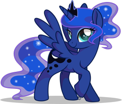 Size: 1753x1494 | Tagged: safe, artist:equinepalette, imported from derpibooru, princess luna, alicorn, pony, commission, cute, ethereal mane, female, looking at you, mare, side view, simple background, smiling, solo, spread wings, starry mane, transparent background, wings, ych result