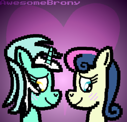 Size: 564x540 | Tagged: safe, artist:awesomebrony, bon bon, lyra heartstrings, sweetie drops, earth pony, pony, unicorn, blushing, female, heart, lesbian, lyrabon, mare, shipping, smiling