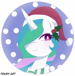 Size: 2028x2048 | Tagged: safe, artist:eltrash_art6, imported from derpibooru, princess celestia, alicorn, pony, blushing, christmas, clothes, cute, cutelestia, eyeshadow, female, hat, holiday, holly, holly mistaken for mistletoe, icon, makeup, mare, santa hat, scarf, snow, solo