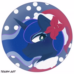 Size: 2028x2048 | Tagged: safe, artist:eltrash_art6, imported from derpibooru, princess luna, alicorn, pony, christmas, clothes, coat, cute, eyeshadow, female, flower, flower in hair, hat, holiday, icon, lunabetes, makeup, mare, santa hat, snow, solo