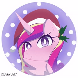 Size: 2028x2048 | Tagged: safe, artist:eltrash_art6, imported from derpibooru, princess cadance, alicorn, pony, blushing, christmas, cute, cutedance, female, hat, holiday, holly, holly mistaken for mistletoe, icon, mare, santa hat, snow, solo