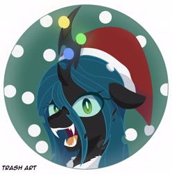 Size: 2028x2048 | Tagged: safe, artist:eltrash_art6, imported from derpibooru, queen chrysalis, changeling, changeling queen, angry, christmas, christmas lights, clothes, coat, fangs, female, hat, holiday, icon, open mouth, santa hat, snow, solo