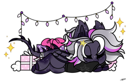 Size: 1600x1037 | Tagged: safe, artist:princessmoonsilver, imported from derpibooru, oc, oc:night light, dracony, dragon, hybrid, pony, christmas, christmas lights, holiday, simple background, sleeping, solo, transparent background