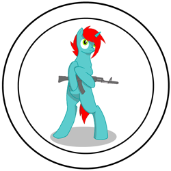 Size: 1280x1280 | Tagged: safe, artist:ryadovoy eqw, imported from derpibooru, oc, oc only, pony, unicorn, ak-47, assault rifle, green eyes, gun, horn, male, male oc, red mane, rifle, solo, unicorn oc, weapon