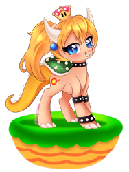 Size: 2121x2828 | Tagged: safe, artist:mimijuliane, imported from derpibooru, dracony, dragon, hybrid, pony, bowser, bowsette, dirt cube, female, new super mario bros. u deluxe, obtrusive watermark, ponified, simple background, solo, super crown, super mario, toadette, transparent background, watermark