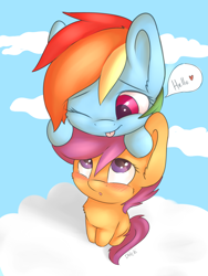 Size: 2121x2828 | Tagged: safe, artist:dbleki, imported from derpibooru, rainbow dash, scootaloo, pegasus, pony, :o, :p, blushing, cheek fluff, chest fluff, cloud, cute, cutealoo, dashabetes, dialogue, ear fluff, female, filly, fluffy, foal, heart, hello, leaning, lesbian, looking up, mare, one eye closed, open mouth, ponies riding ponies, pony hat, riding, riding a pony, scootadash, scootaloo riding rainbow dash, scootalove, shipping, silly, sitting, sky, smiling, speech bubble, tongue out, weapons-grade cute, wink