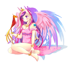 Size: 2598x2309 | Tagged: safe, artist:rurucreations, imported from derpibooru, philomena, princess cadance, human, phoenix, bare shoulders, barefoot, breasts, cleavage, clothes, colored pupils, cute, cutedance, feet, female, horn, horned humanization, humanized, legs, simple background, solo, strapless, white background, winged humanization, wings