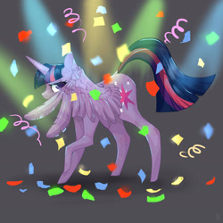 Size: 2449x2449 | Tagged: safe, artist:katemaximova, imported from derpibooru, twilight sparkle, alicorn, pony, confetti, covering, female, hiding behind wing, looking at you, my little pony, nervous, peeking, raised hoof, scene interpretation, shy, solo, trade ya!, twilight sparkle (alicorn), wings