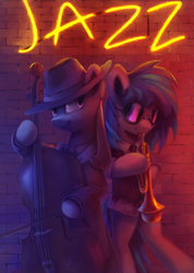 Size: 2065x2903 | Tagged: safe, artist:anticular, imported from derpibooru, dj pon-3, octavia melody, vinyl scratch, earth pony, pony, unicorn, bipedal, cello, clothes, double bass, duo, duo female, female, hat, horn, jazz, mare, musical instrument, neon, neon sign, trumpet