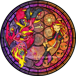 Size: 2100x2100 | Tagged: safe, artist:akili-amethyst, imported from derpibooru, sunset shimmer, demon, human, equestria girls, book, crown, cutie mark, disney, dive to the heart, duality, duo, eye, eyes, eyes closed, female, jewelry, kingdom hearts, my little pony equestria girls, my little pony equestria girls: rainbow rocks, regalia, sad, stained glass, sunset satan