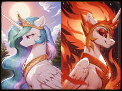 Size: 2400x1800 | Tagged: safe, imported from twibooru, daybreaker, princess celestia, alicorn, pony, ai content, ai generated, bust, female, fire, horn, image, png, portrait, prompter:greesys, regret, sad, smiling, smirk, sunset, wings