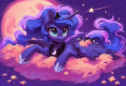 Size: 1216x832 | Tagged: safe, imported from twibooru, princess luna, alicorn, ai content, ai generated, cloud, cloudy, cute, female, horn, image, lying on a cloud, needs more jpeg, night, night sky, on a cloud, prompter:starshine, sky, smiling, solo, solo female, wings