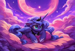 Size: 1216x832 | Tagged: safe, imported from twibooru, princess luna, ai content, ai generated, cloud, cloudy, cute, female, image, lying on a cloud, needs more jpeg, night, night sky, on a cloud, prompter:starshine, sky, smiling, solo, solo female