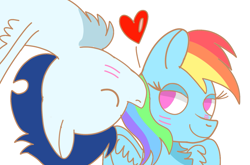 Size: 1415x936 | Tagged: safe, artist:drawponiesblog, imported from derpibooru, rainbow dash, soarin', pegasus, pony, cheek kiss, female, kissing, male, mare, shipping, soarindash, stallion, straight