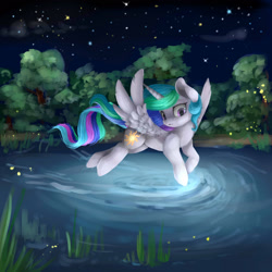 Size: 2449x2449 | Tagged: safe, artist:katemaximova, imported from derpibooru, princess celestia, alicorn, firefly (insect), insect, pony, female, flying, forest, nature, night, solo, tree, water