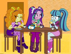 Size: 2536x1944 | Tagged: safe, artist:queentigrel, imported from derpibooru, adagio dazzle, aria blaze, sonata dusk, human, equestria girls, :t, adagio dazzle is not amused, animal crackers, boots, bread, breakfast, breasts, butter, buttered toast, cleavage, clothes, coffee, crackers, crossed legs, eating, eye clipping through hair, eyebrows, eyebrows visible through hair, female, fingerless gloves, food, frown, gloves, my little pony equestria girls: rainbow rocks, shoes, siblings, sisters, sitting, smiling, sonataco, table, taco, that girl sure loves tacos, that siren sure does love tacos, the dazzlings, toast, trio, unamused, wide eyes