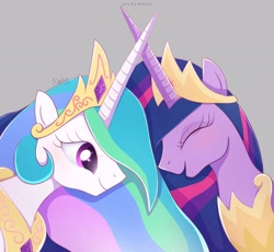 Size: 2472x2278 | Tagged: safe, artist:nnaly, imported from derpibooru, princess celestia, twilight sparkle, alicorn, pony, the last problem, blushing, crown, duo, eyes closed, female, gray background, jewelry, laughing, mare, my little pony, older, older twilight, older twilight sparkle (alicorn), peytral, princess twilight 2.0, regalia, signature, simple background, smiling, starry eyes, twilight sparkle (alicorn), wingding eyes