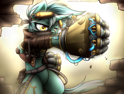 Size: 1580x1200 | Tagged: safe, artist:jadekettu, imported from derpibooru, lyra heartstrings, semi-anthro, unicorn, belly, belly button, bipedal, broken, clothes, colored pupils, female, fist, hand, horn, mechanical hands, power fist, solo, that pony sure does love hands, wall