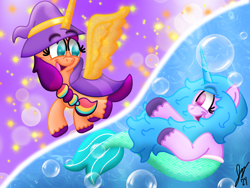 Size: 2160x1620 | Tagged: safe, artist:jesslmc16, imported from derpibooru, izzy moonbow, sunny starscout, alicorn, mermaid, merpony, unicorn, bubble, buried in a good book, duo, duo female, female, g5, gradient background, hat, horn, lesbian, looking at each other, looking at someone, mane stripe sunny, moonscout, my little pony: tell your tale, open mouth, race swap, raised hoof, shipping, smiling, smiling at each other, split screen, sunnycorn, two sides, wizard, wizard hat