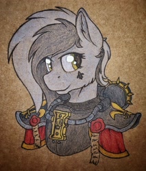 Size: 1980x2326 | Tagged: safe, artist:cmdraj, imported from derpibooru, oc, oc:graeyscale, pony, adepta sororitas, armor, crossover, purity seal, solo, tattoo, traditional art, warhammer (game), warhammer 40k