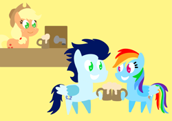 Size: 3553x2499 | Tagged: safe, anonymous artist, derpibooru exclusive, imported from derpibooru, applejack, rainbow dash, soarin', pegasus, pony, series:soarindash relationship, series:soarindash romantic tales, apple cider, cider, drink, female, male, mare, pointy ponies, shipping, soarindash, stallion, straight