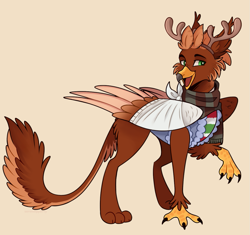 Size: 1253x1180 | Tagged: safe, artist:wanderingpegasus, imported from derpibooru, oc, oc:pavlos, griffon, antlers, bandage, beak, broken bone, broken wing, cast, cheek fluff, claws, clothes, colored wings, commission, eared griffon, griffon oc, injured, non-pony oc, nonbinary, reindeer antlers, scarf, sling, tail, wings